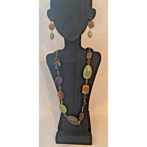 Beautiful Faux stone beaded necklace and earring set green, brown - Picture 1 of 6